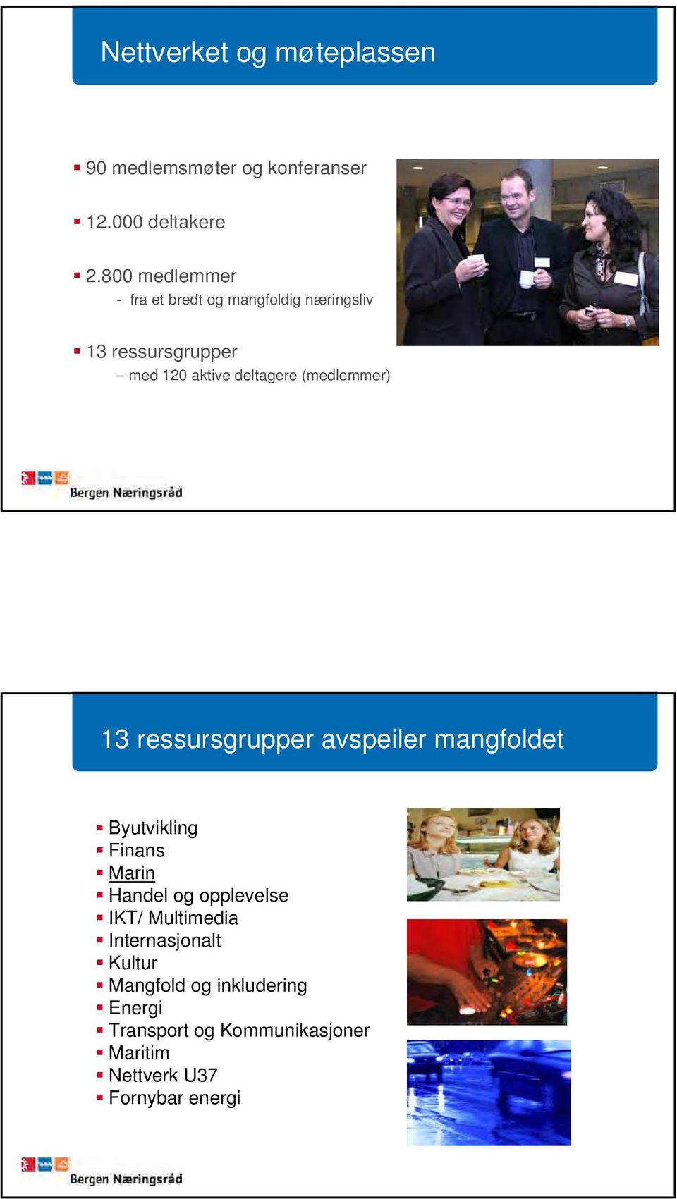 (medlemmer) 13 ressursgrupper avspeiler mangfoldet Byutvikling Finans Marin Handel og opplevelse