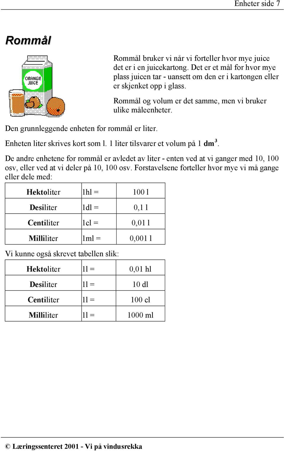 Enheten liter skrives kort som l. 1 liter tilsvarer et volum på 1 dm 3. De andre enhetene for rommål er avledet av liter - enten ved at vi ganger med 10, 100 osv, eller ved at vi deler på 10, 100 osv.