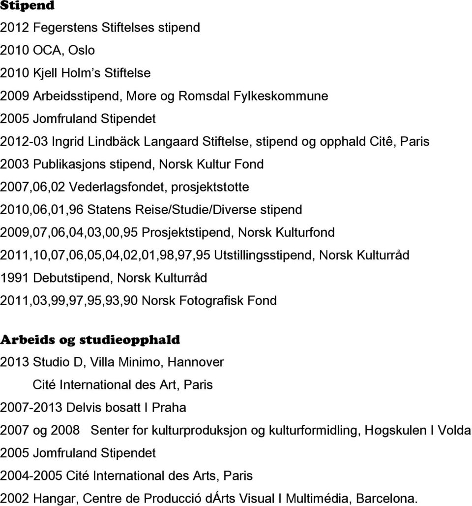 2009,07,06,04,03,00,95 Prosjektstipend, Norsk Kulturfond 2011,10,07,06,05,04,02,01,98,97,95 Utstillingsstipend, Norsk Kulturråd 1991 Debutstipend, Norsk Kulturråd 2011,03,99,97,95,93,90 Norsk