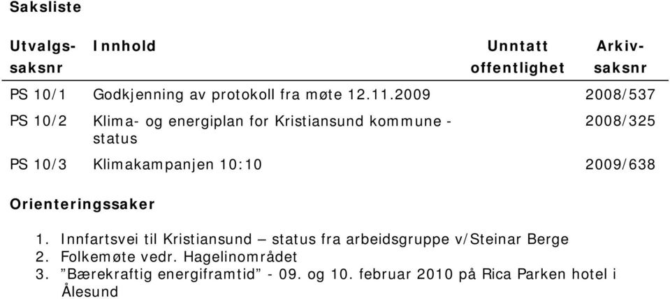 2009 2008/537 PS 10/2 Klima- og energiplan for Kristiansund kommune - status 2008/325 PS 10/3 Klimakampanjen