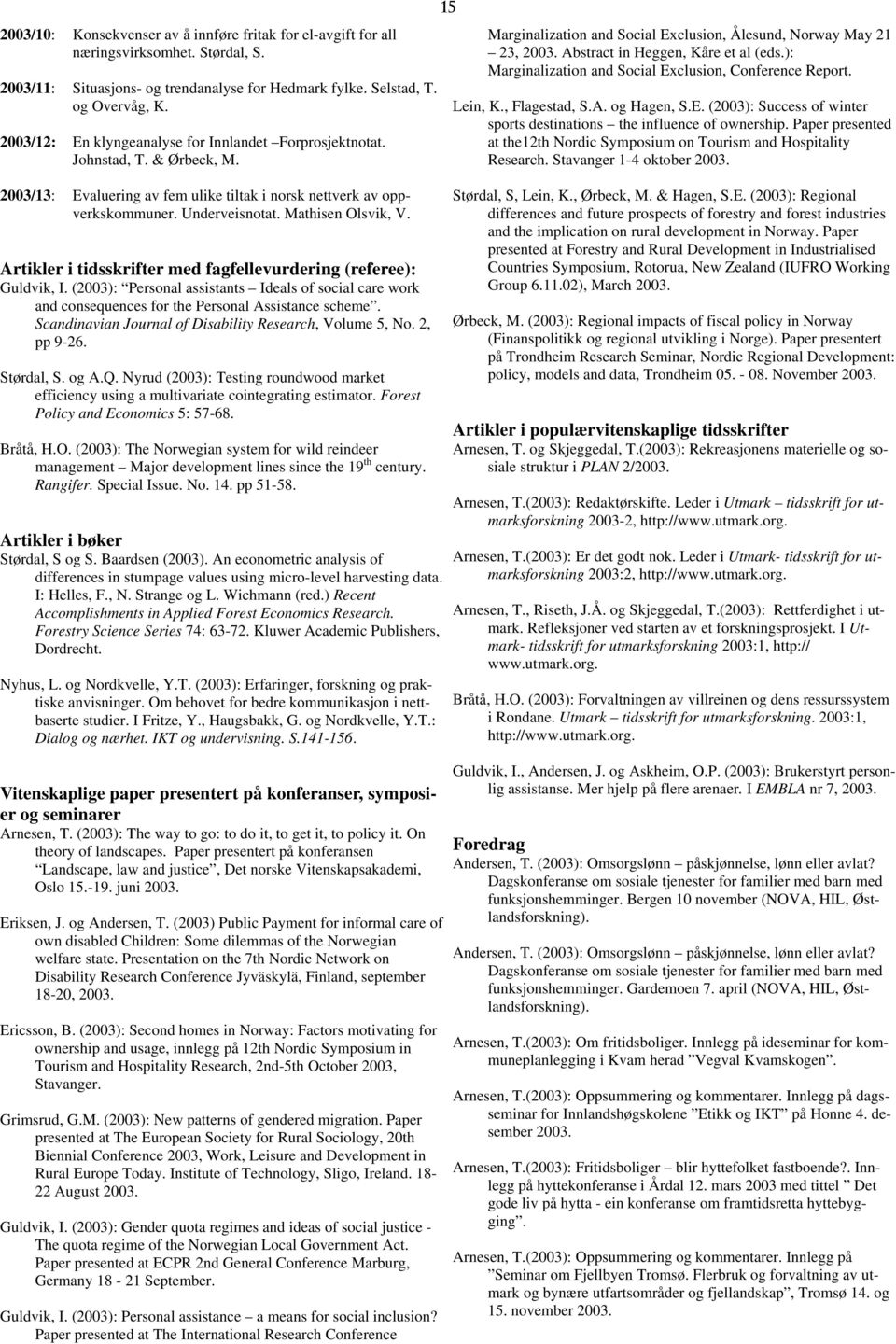 Artikler i tidsskrifter med fagfellevurdering (referee): Guldvik, I. (2003): Personal assistants Ideals of social care work and consequences for the Personal Assistance scheme.