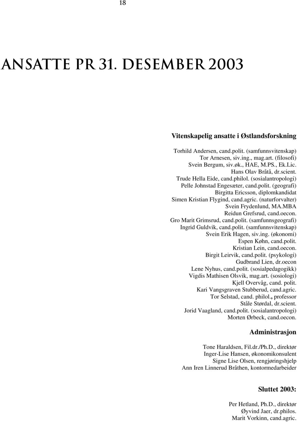 (geografi) Birgitta Ericsson, diplomkandidat Simen Kristian Flygind, cand.agric. (naturforvalter) Svein Frydenlund, MA.MBA Reidun Grefsrud, cand.oecon. Gro Marit Grimsrud, cand.polit.