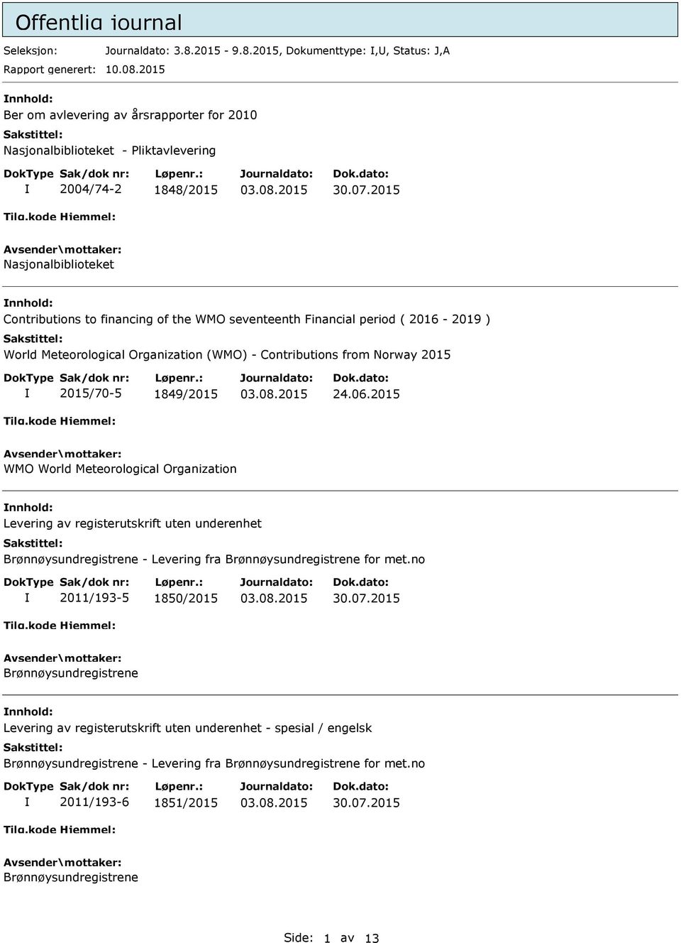 2015 Nasjonalbiblioteket Contributions to financing of the WMO seventeenth Financial period ( 2016-2019 ) World Meteorological Organization (WMO) - Contributions from Norway 2015 2015/70-5 1849/2015