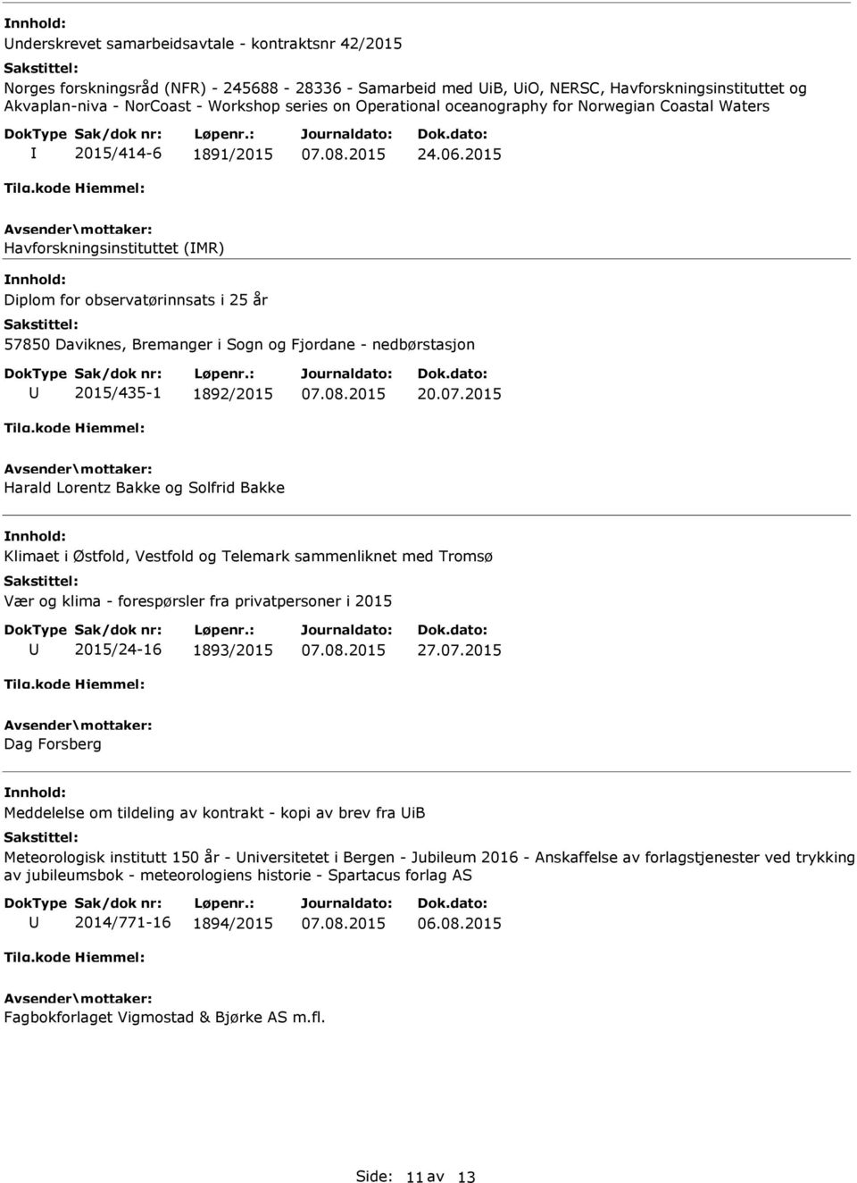 2015 Havforskningsinstituttet (MR) Diplom for observatørinnsats i 25 år 57850 Daviknes, Bremanger i Sogn og Fjordane - nedbørstasjon 2015/435-1 1892/2015 20.07.