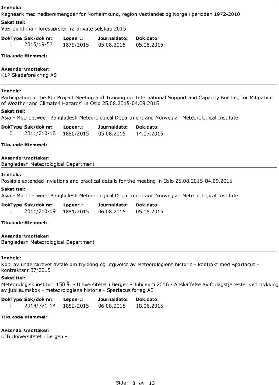 2015 Asia - Mo between Bangladesh Meteorological Department and Norwegian Meteorological nstitute 2011/210-18 1880/2015 14.07.