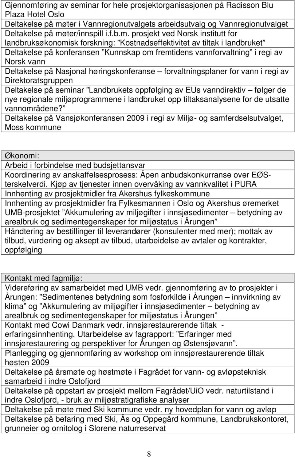 prosjekt ved Norsk institutt for landbruksøkonomisk forskning: Kostnadseffektivitet av tiltak i landbruket Deltakelse på konferansen Kunnskap om fremtidens vannforvaltning i regi av Norsk vann