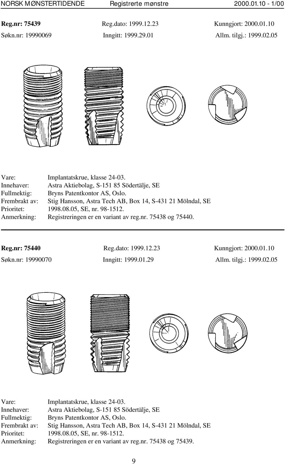 Frembrakt av: Stig Hansson, Astra Tech AB, Box 14, S-431 21 Mölndal, SE Prioritet: 1998.08.05, SE, nr. 98-1512. Anmerkning: Registreringen er en variant av reg.nr. 75438 og 75440. Reg.nr: 75440 Reg.