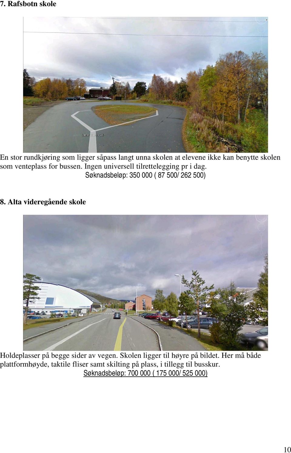 Alta videregående skole Holdeplasser på begge sider av vegen. Skolen ligger til høyre på bildet.