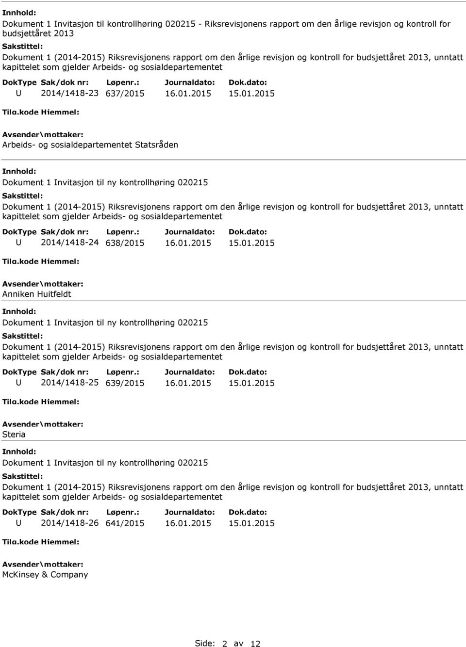 kontrollhøring 020215 Dokument 1 (2014-2015) Riksrevisjonens rapport om den årlige revisjon og kontroll for budsjettåret 2013, unntatt kapittelet som gjelder Arbeids- og sosialdepartementet