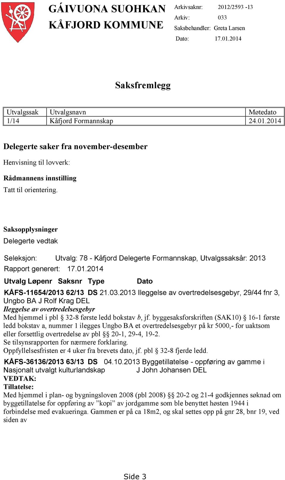 2013 Ileggelse av overtredelsesgebyr, 29/44 fnr 3, Ungbo BA J Rolf Krag DEL Ileggelse av overtredelsesgebyr Med hjemmel i pbl 32-8 første ledd bokstav b, jf.