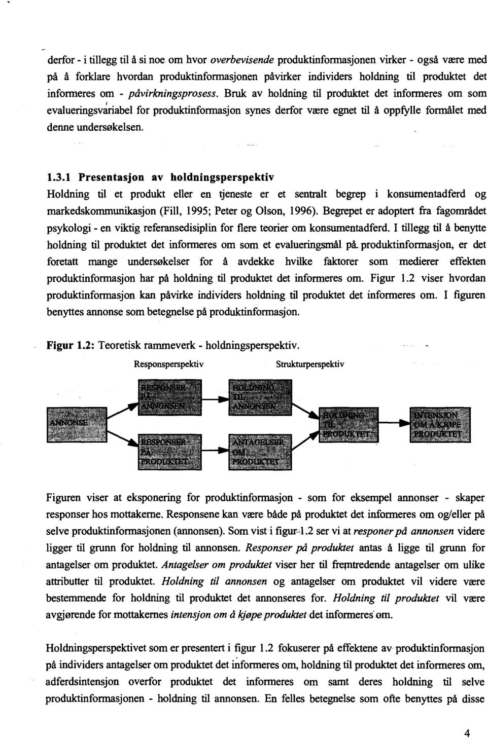 1 Presentasjon av holdningsperspektiv Holdning til et produkt eller en tjeneste er et sentralt begrep i konsumentadferd og markedskommunikasjon (Fill, 1995; Peter og Olson, 1996).