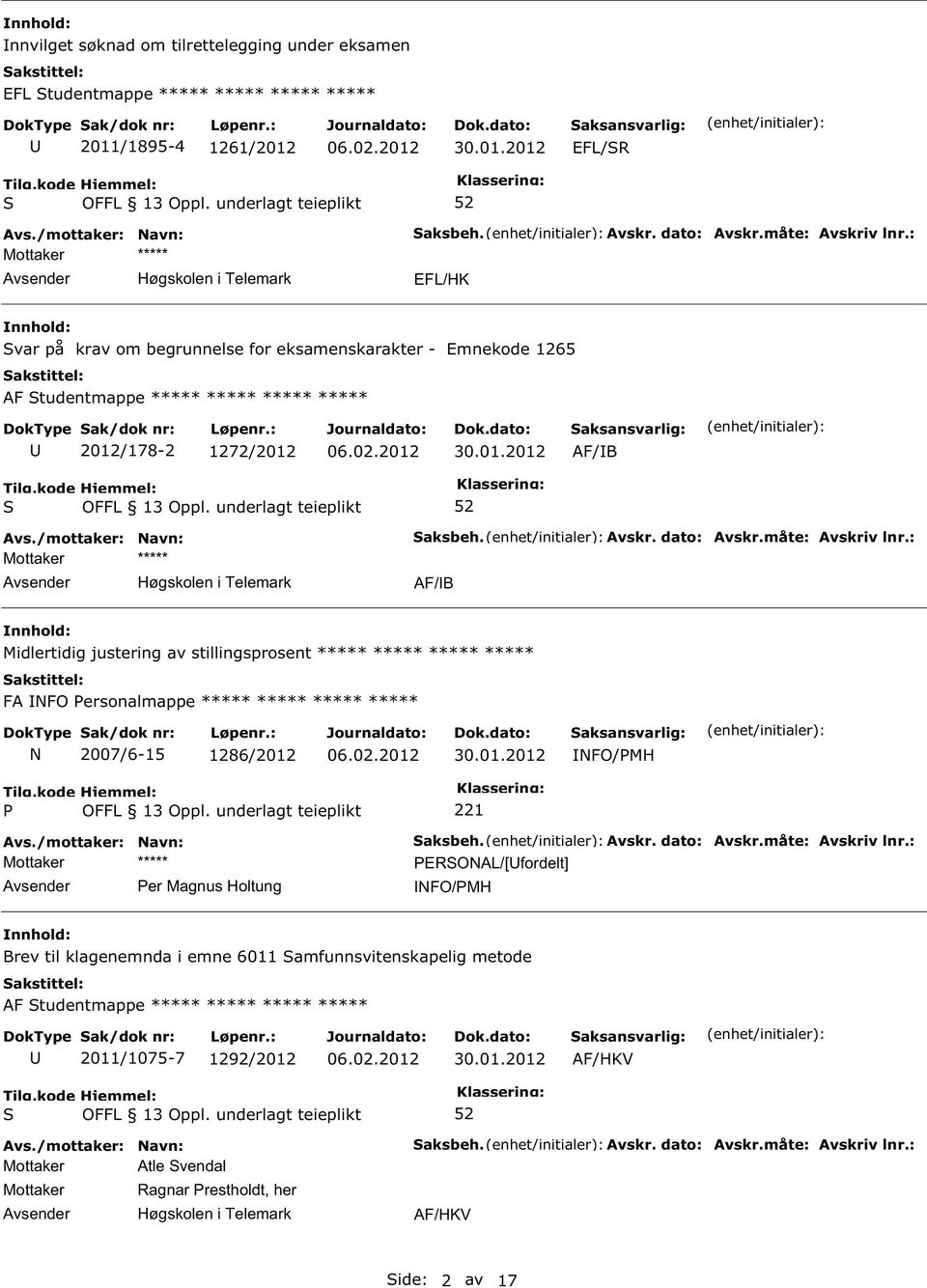 : AF/B Midlertidig justering av stillingsprosent FA NFO Personalmappe N 2007/6-15 1286/2012 30.01.2012 NFO/PMH P Per Magnus Holtung 221 aksbeh. Avskr. dato: Avskr.måte: Avskriv lnr.