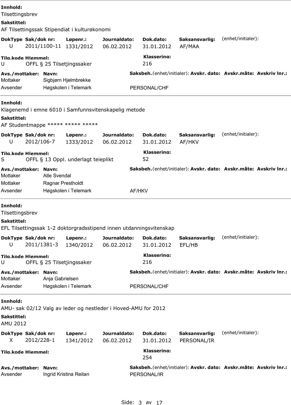 måte: Avskriv lnr.: Tilsettingsbrev EFL Tilsettingssak 1-2 doktorgradsstipend innen utdanningsvitenskap 2011/1381-3 1340/2012 Mottaker Anja Gabrielsen 216 aksbeh. Avskr. dato: Avskr.