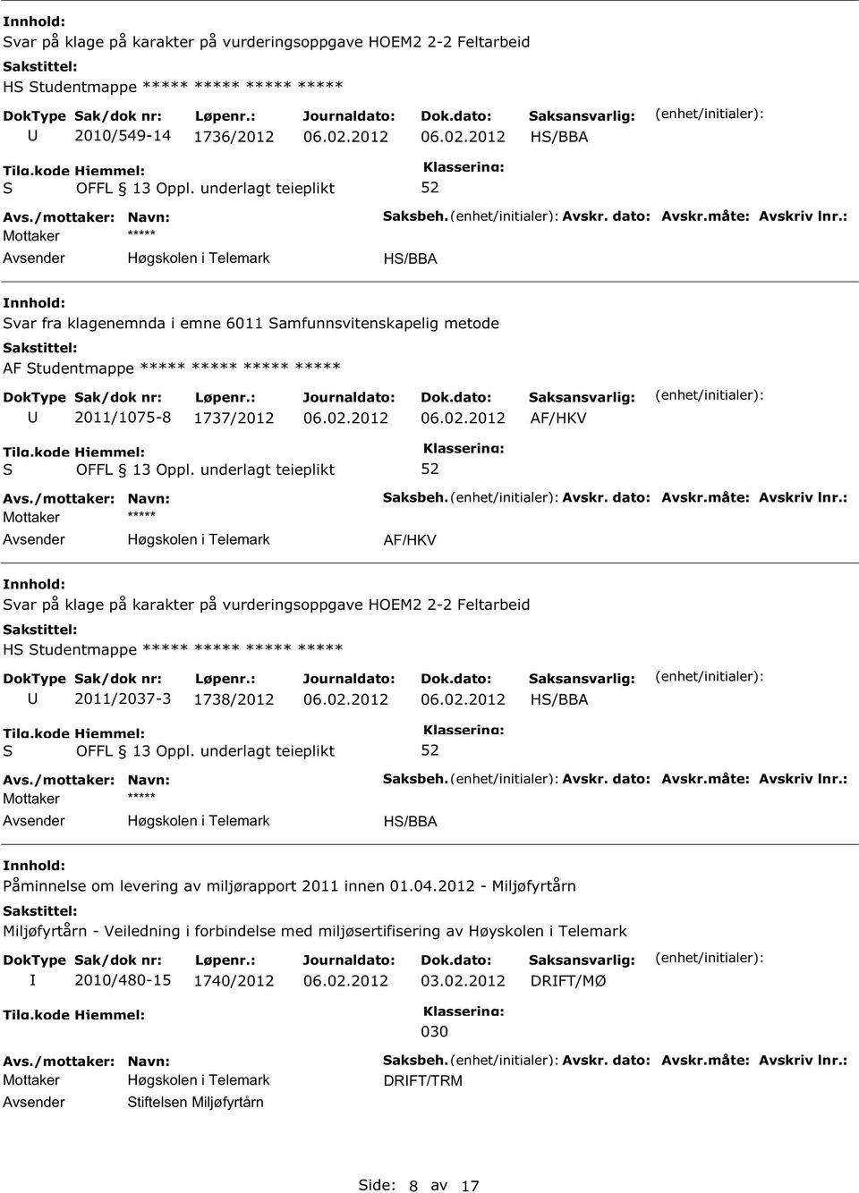 : var på klage på karakter på vurderingsoppgave HOEM2 2-2 Feltarbeid H tudentmappe 2011/2037-3 1738/2012 H/BBA aksbeh. Avskr. dato: Avskr.måte: Avskriv lnr.