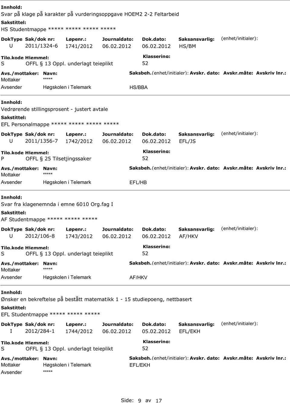 : var fra klagenemnda i emne 6010 Org.fag AF tudentmappe 2012/106-8 1743/2012 aksbeh. Avskr. dato: Avskr.måte: Avskriv lnr.