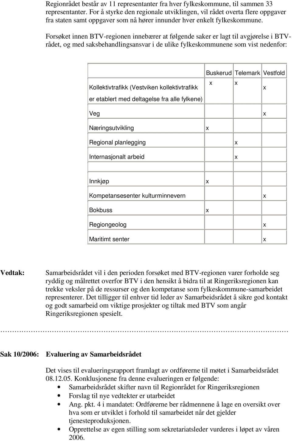 Forsøket innen BTV-regionen innebærer at følgende saker er lagt til avgjørelse i BTVrådet, og med saksbehandlingsansvar i de ulike fylkeskommunene som vist nedenfor: Kollektivtrafikk (Vestviken