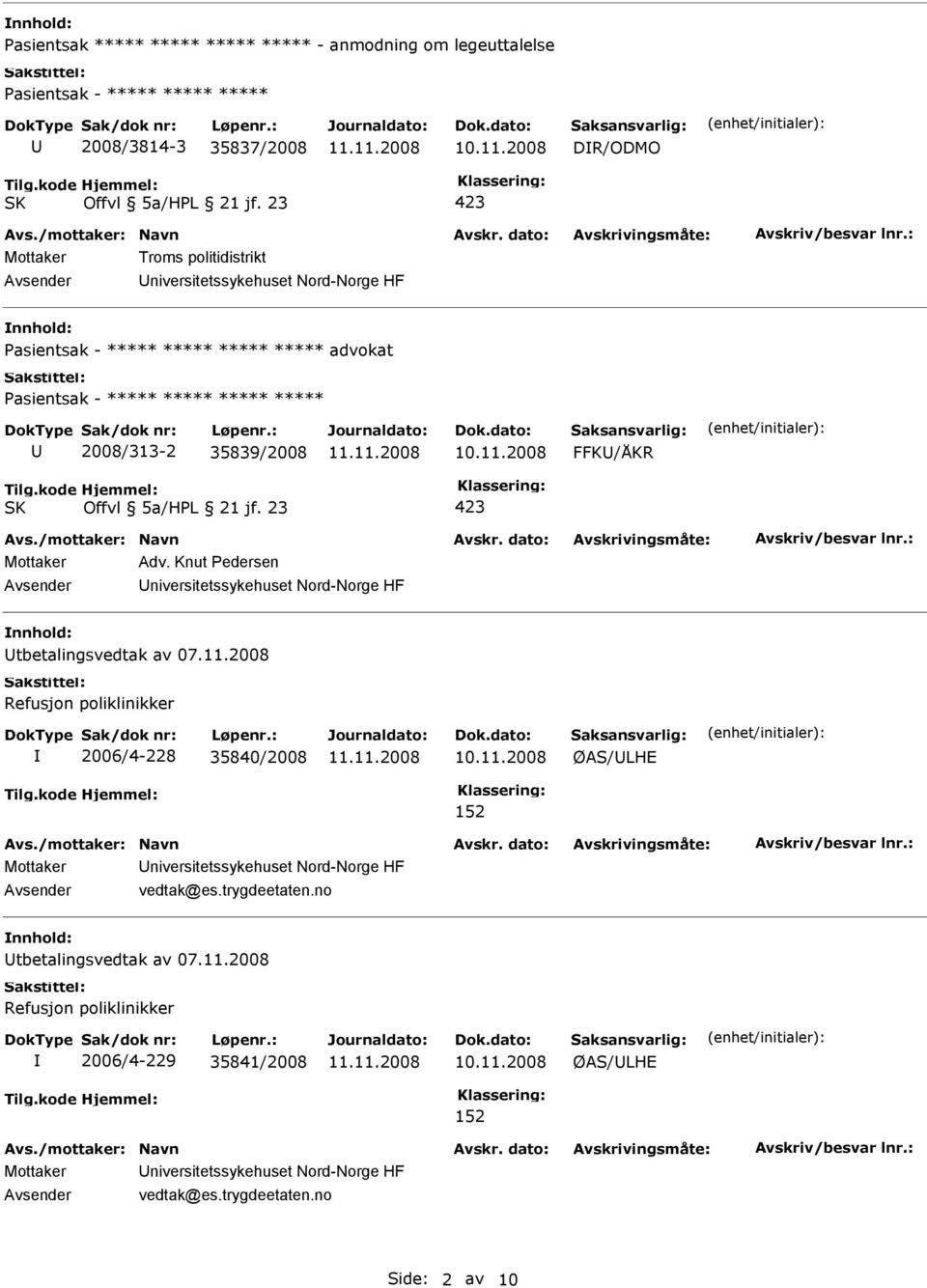 Knut Pedersen Universitetssykehuset Nord-Norge HF nnhold: Utbetalingsvedtak av Refusjon poliklinikker 2006/4-228 35840/2008