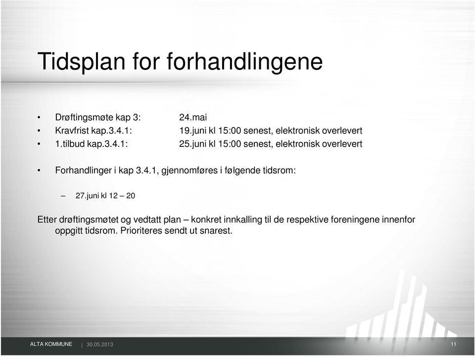 juni kl 15:00 senest, elektronisk overlevert Forhandlinger i kap 3.4.1, gjennomføres i følgende tidsrom: 27.