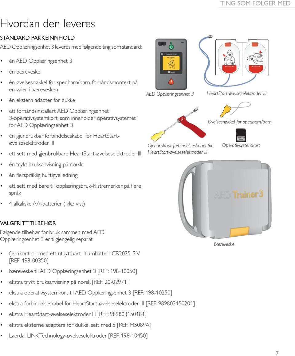 operativsystemet for AED Opplæringsenhet 3 é n gjenbrukbar forbindelseskabel for HeartStartøvelseselektroder III ett sett med gjenbrukbare HeartStart-øvelseselektroder III R T FO NO ICAL IN CL