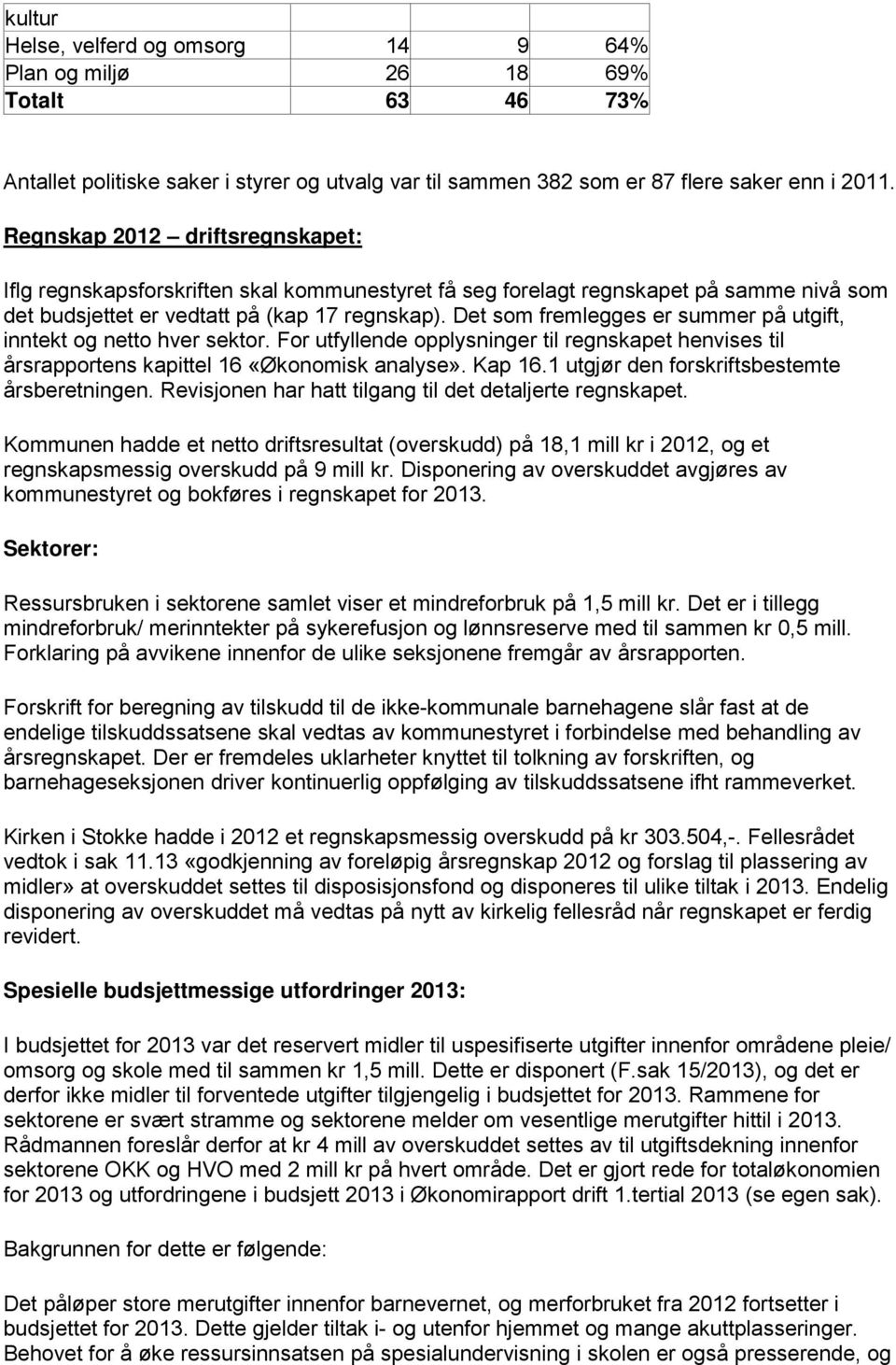 Det som fremlegges er summer på utgift, inntekt og netto hver sektor. For utfyllende opplysninger til regnskapet henvises til årsrapportens kapittel 16 «Økonomisk analyse». Kap 16.