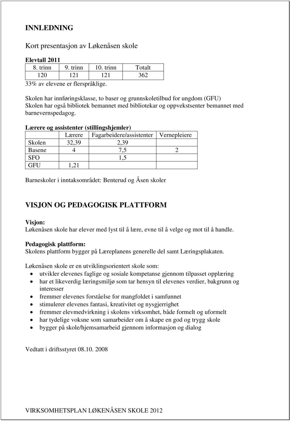 Lærere og assistenter (stillingshjemler) Lærere Fagarbeidere/assistenter Vernepleiere Skolen 32,39 2,39 Basene 4 7,5 2 SFO 1,5 GFU 1,21 Barneskoler i inntaksområdet: Benterud og Åsen skoler VISJON OG