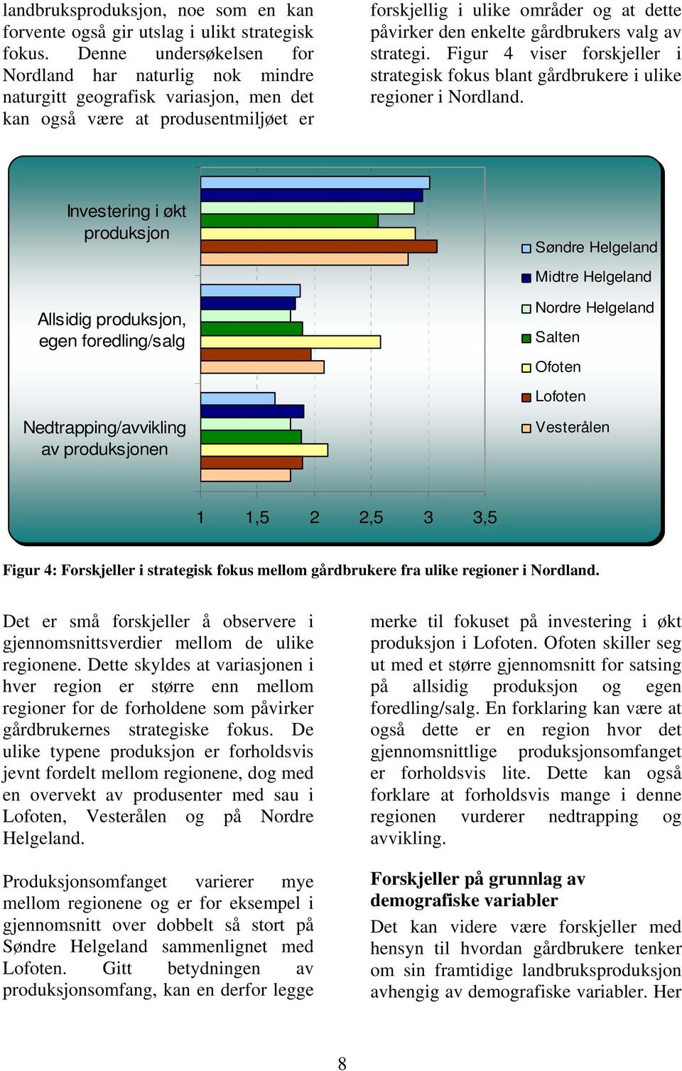 gårdbrukers valg av strategi. Figur 4 viser forskjeller i strategisk fokus blant gårdbrukere i ulike regioner i Nordland.