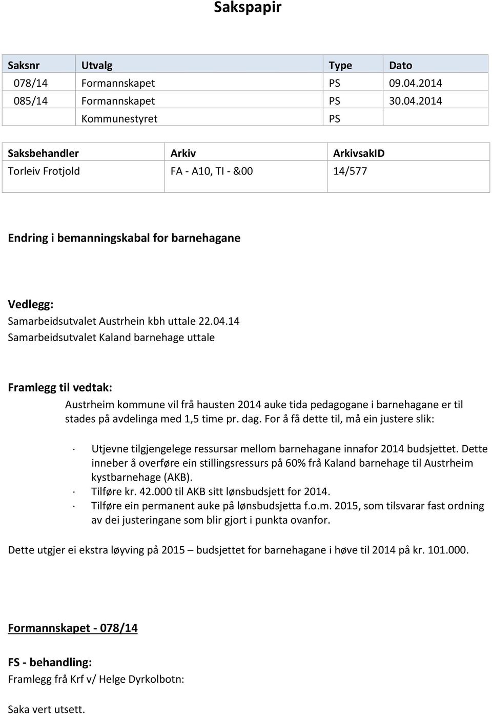 2014 Kommunestyret PS Saksbehandler Arkiv ArkivsakID Torleiv Frotjold FA - A10, TI - &00 14/577 Endring i bemanningskabal for barnehagane Vedlegg: Samarbeidsutvalet Austrhein kbh uttale 22.04.