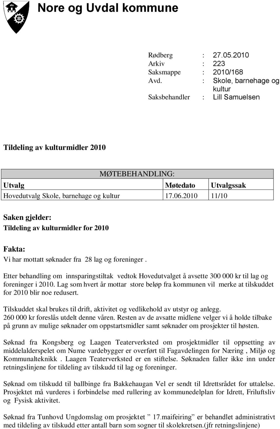 2010 11/10 Saken gjelder: Tildeling av kulturmidler for 2010 Fakta: Vi har mottatt søknader fra 28 lag og foreninger.