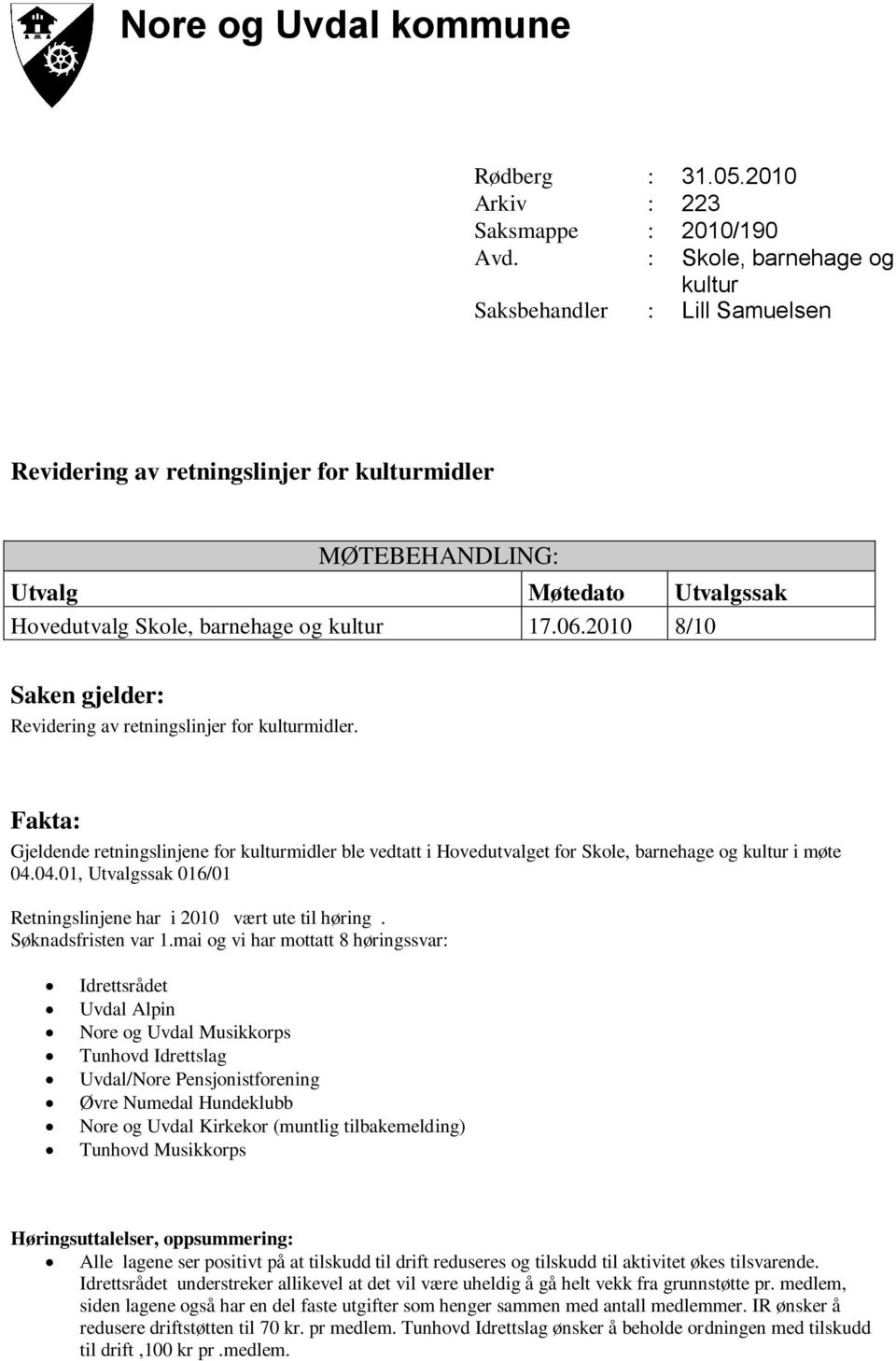 2010 8/10 Saken gjelder: Revidering av retningslinjer for kulturmidler. Fakta: Gjeldende retningslinjene for kulturmidler ble vedtatt i Hovedutvalget for Skole, barnehage og kultur i møte 04.