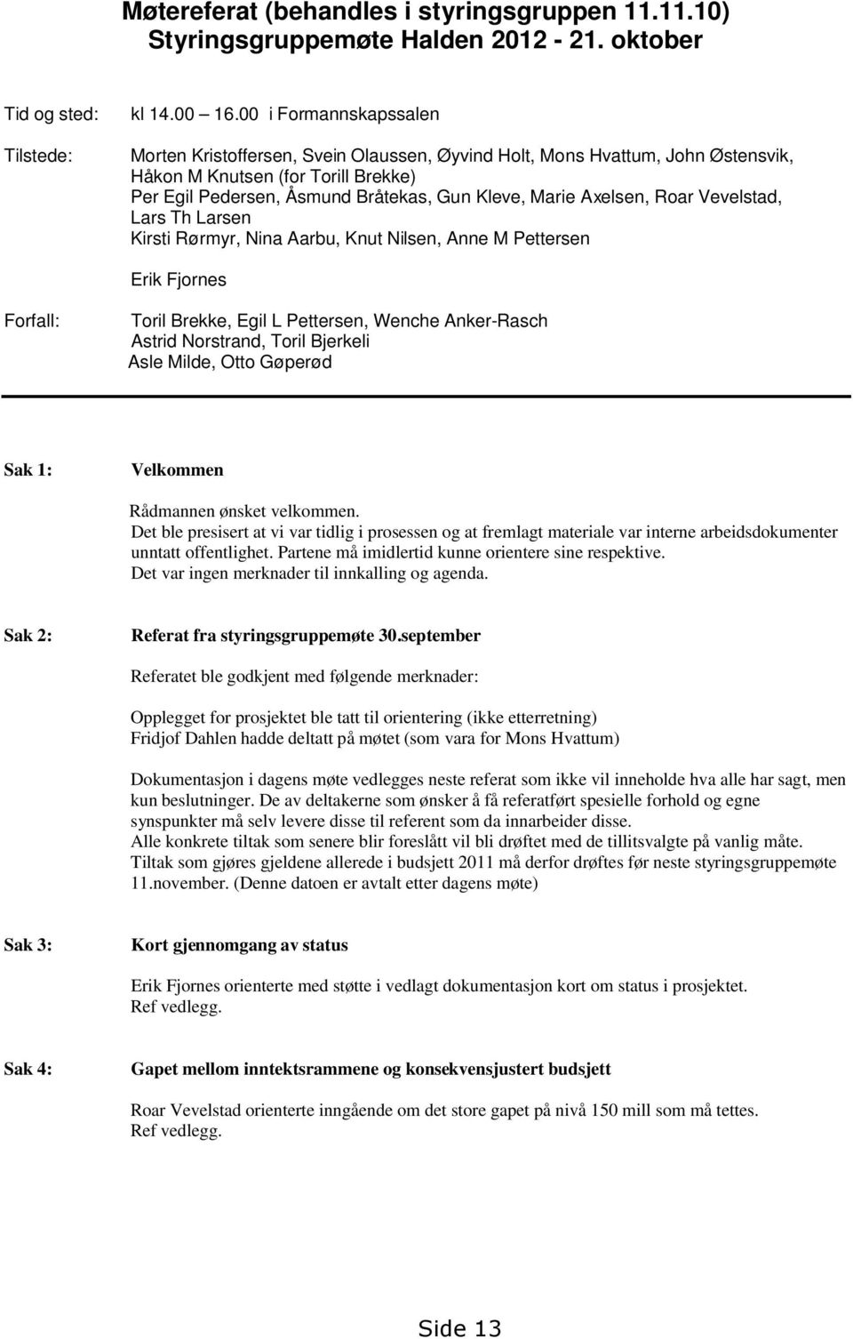 Axelsen, Roar Vevelstad, Lars Th Larsen Kirsti Rørmyr, Nina Aarbu, Knut Nilsen, Anne M Pettersen Erik Fjornes Forfall: Toril Brekke, Egil L Pettersen, Wenche Anker-Rasch Astrid Norstrand, Toril