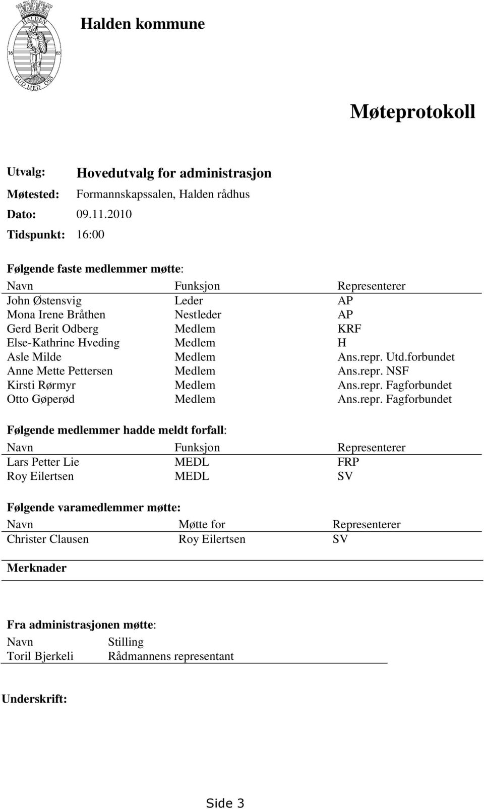 AP Gerd Berit Odberg Medlem KRF Else-Kathrine Hveding Medlem H Asle Milde Medlem Ans.repr. Utd.forbundet Anne Mette Pettersen Medlem Ans.repr. NSF Kirsti Rørmyr Medlem Ans.repr. Fagforbundet Otto Gøperød Medlem Ans.