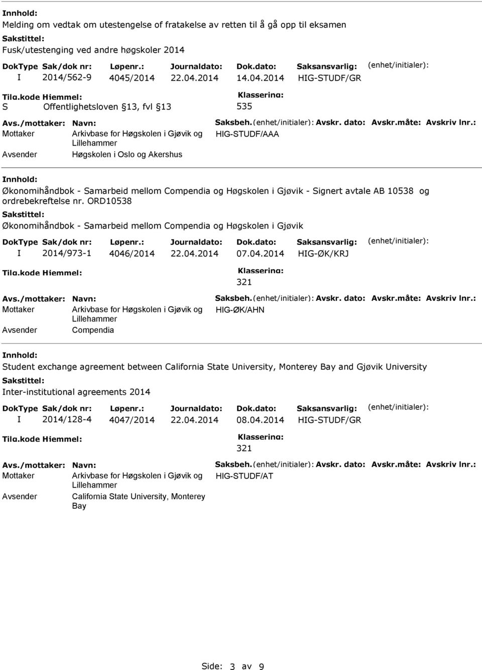 : Mottaker Arkivbase for Høgskolen i Gjøvik og HG-STUDF/AAA Avsender Høgskolen i Oslo og Akershus nnhold: Økonomihåndbok - Samarbeid mellom Compendia og Høgskolen i Gjøvik - Signert avtale AB 10538