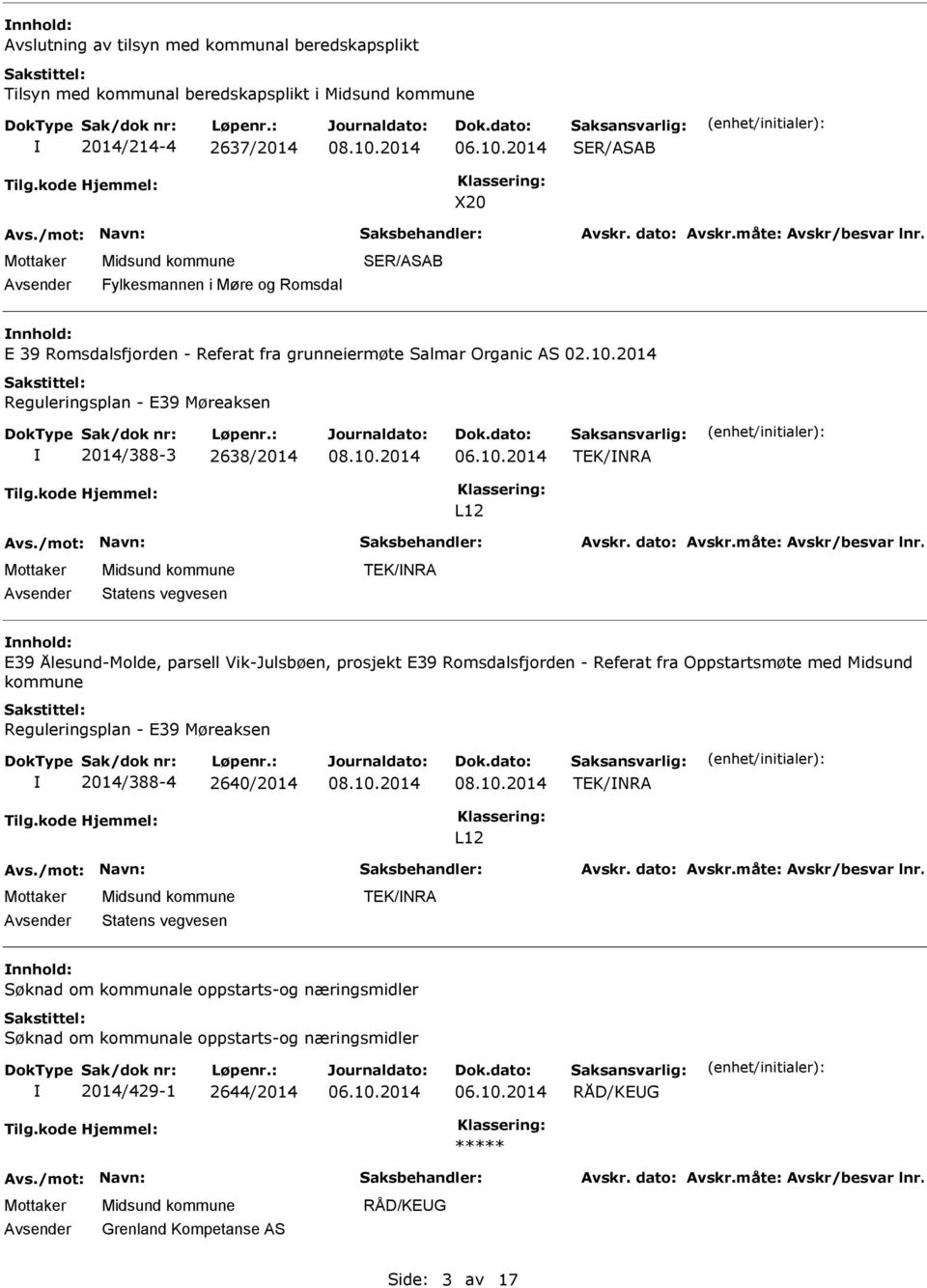 2014 Reguleringsplan - E39 Møreaksen 2014/388-3 2638/2014 TEK/NRA L12 Statens vegvesen TEK/NRA E39 Ålesund-Molde, parsell Vik-Julsbøen, prosjekt E39 Romsdalsfjorden - Referat