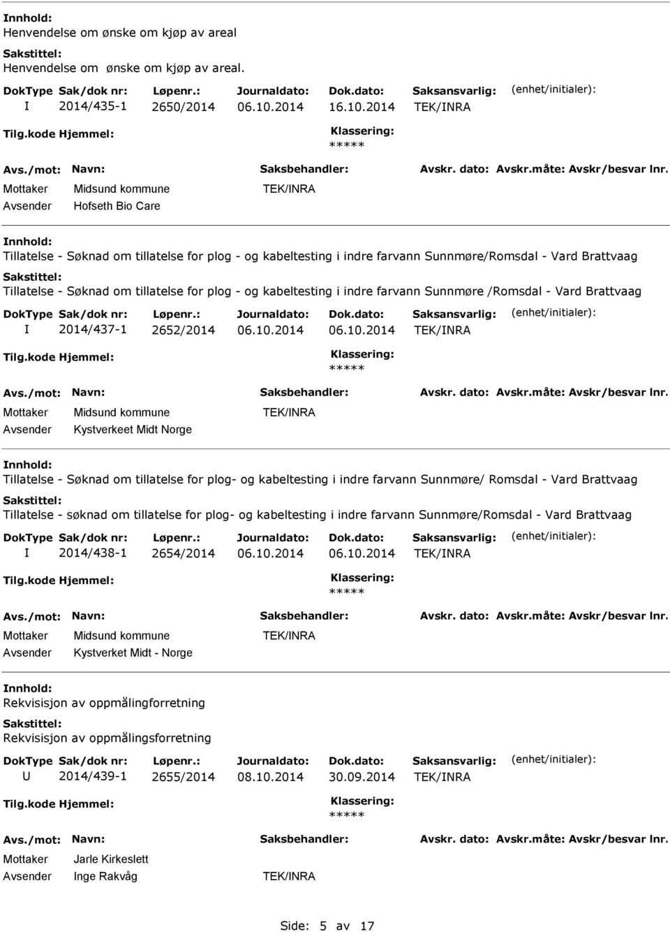 kabeltesting i indre farvann Sunnmøre /Romsdal - Vard Brattvaag 2014/437-1 2652/2014 TEK/NRA Kystverkeet Midt Norge TEK/NRA Tillatelse - Søknad om tillatelse for plog- og kabeltesting i indre farvann