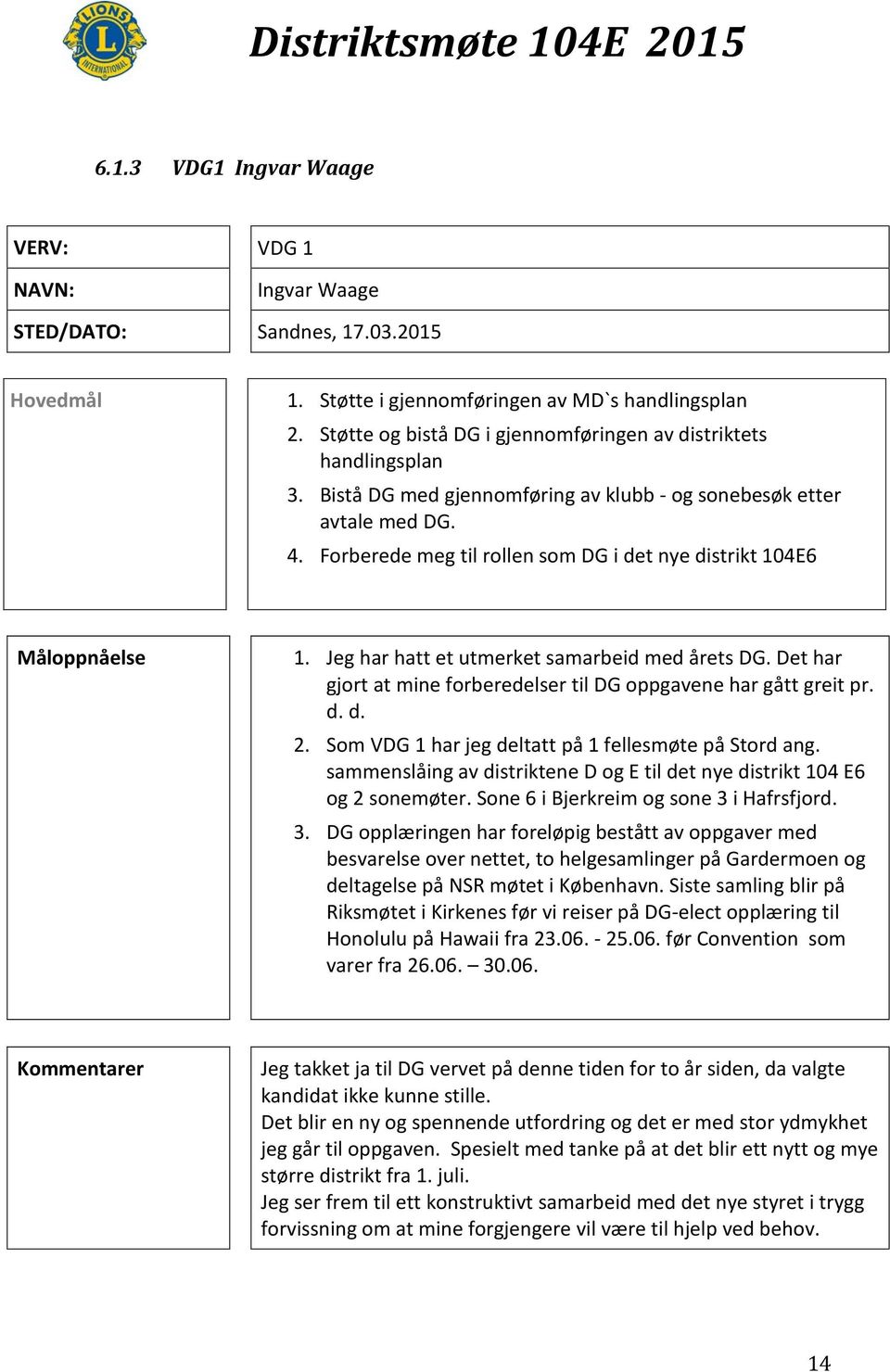 Forberede meg til rollen som DG i det nye distrikt 104E6 Måloppnåelse 1. Jeg har hatt et utmerket samarbeid med årets DG. Det har gjort at mine forberedelser til DG oppgavene har gått greit pr. d. d. 2.