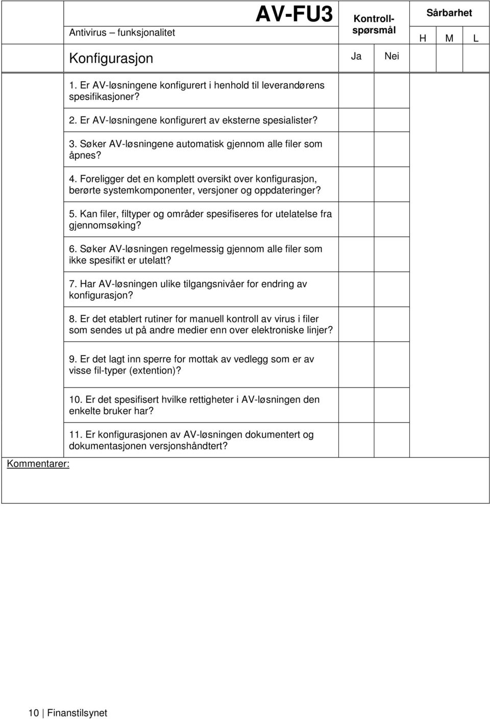 Kan filer, filtyper og områder spesifiseres for utelatelse fra gjennomsøking? 6. Søker AV-løsningen regelmessig gjennom alle filer som ikke spesifikt er utelatt? 7.