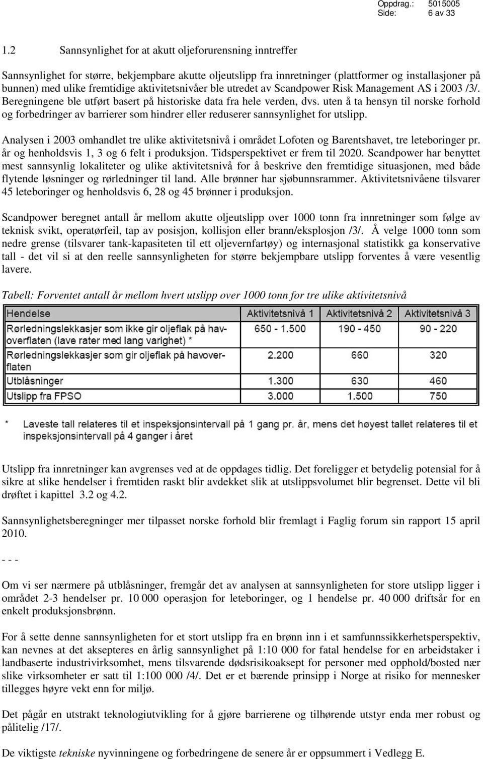 aktivitetsnivåer ble utredet av Scandpower Risk Management AS i 2003 /3/. Beregningene ble utført basert på historiske data fra hele verden, dvs.