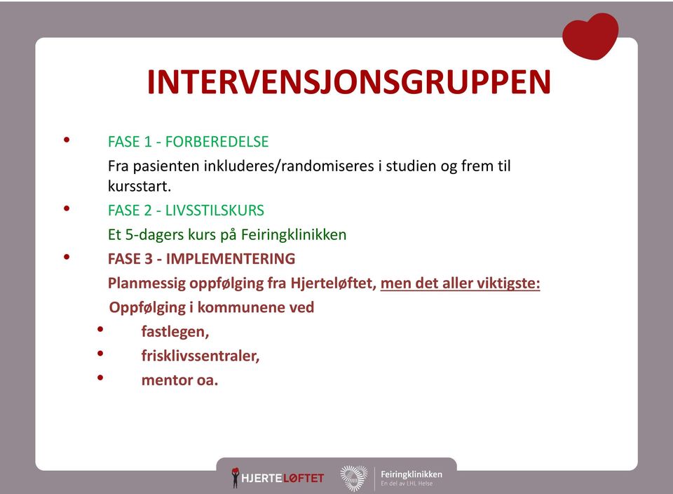 FASE 2 - LIVSSTILSKURS Et 5-dagers kurs på Feiringklinikken FASE 3 - IMPLEMENTERING