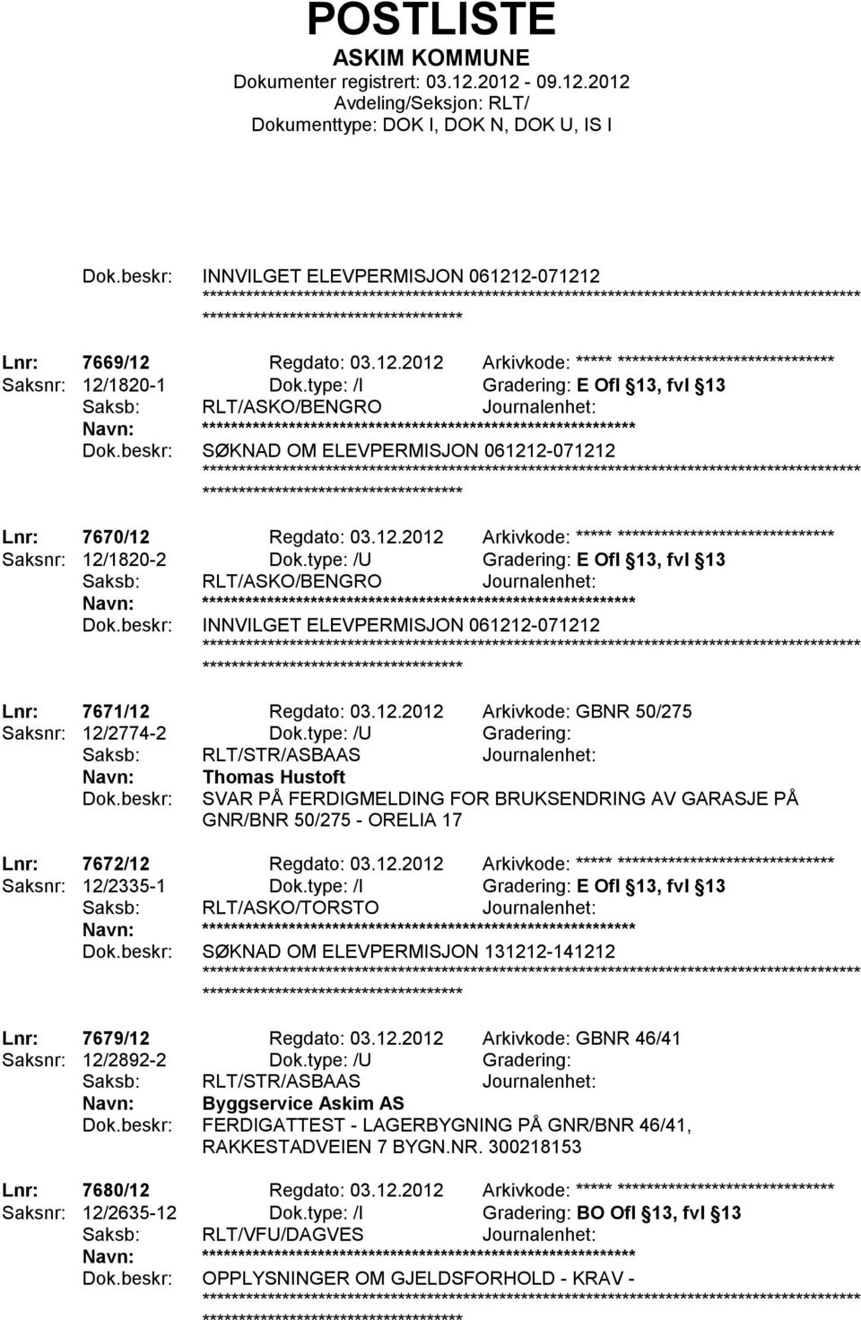 2-071212 ******************* Lnr: 7670/12 Regdato: 03.12.2012 Arkivkode: ***** ****************************** Saksnr: 12/1820-2 Dok.