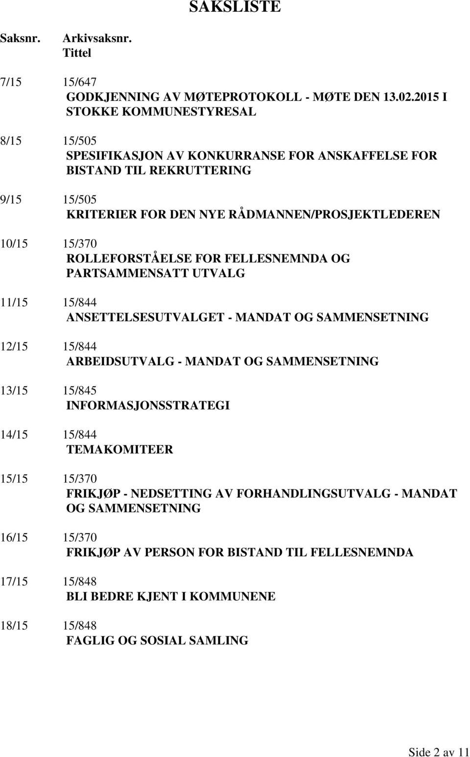 15/370 ROLLEFORSTÅELSE FOR FELLESNEMNDA OG PARTSAMMENSATT UTVALG 11/15 15/844 ANSETTELSESUTVALGET - MANDAT OG SAMMENSETNING 12/15 15/844 ARBEIDSUTVALG - MANDAT OG SAMMENSETNING 13/15