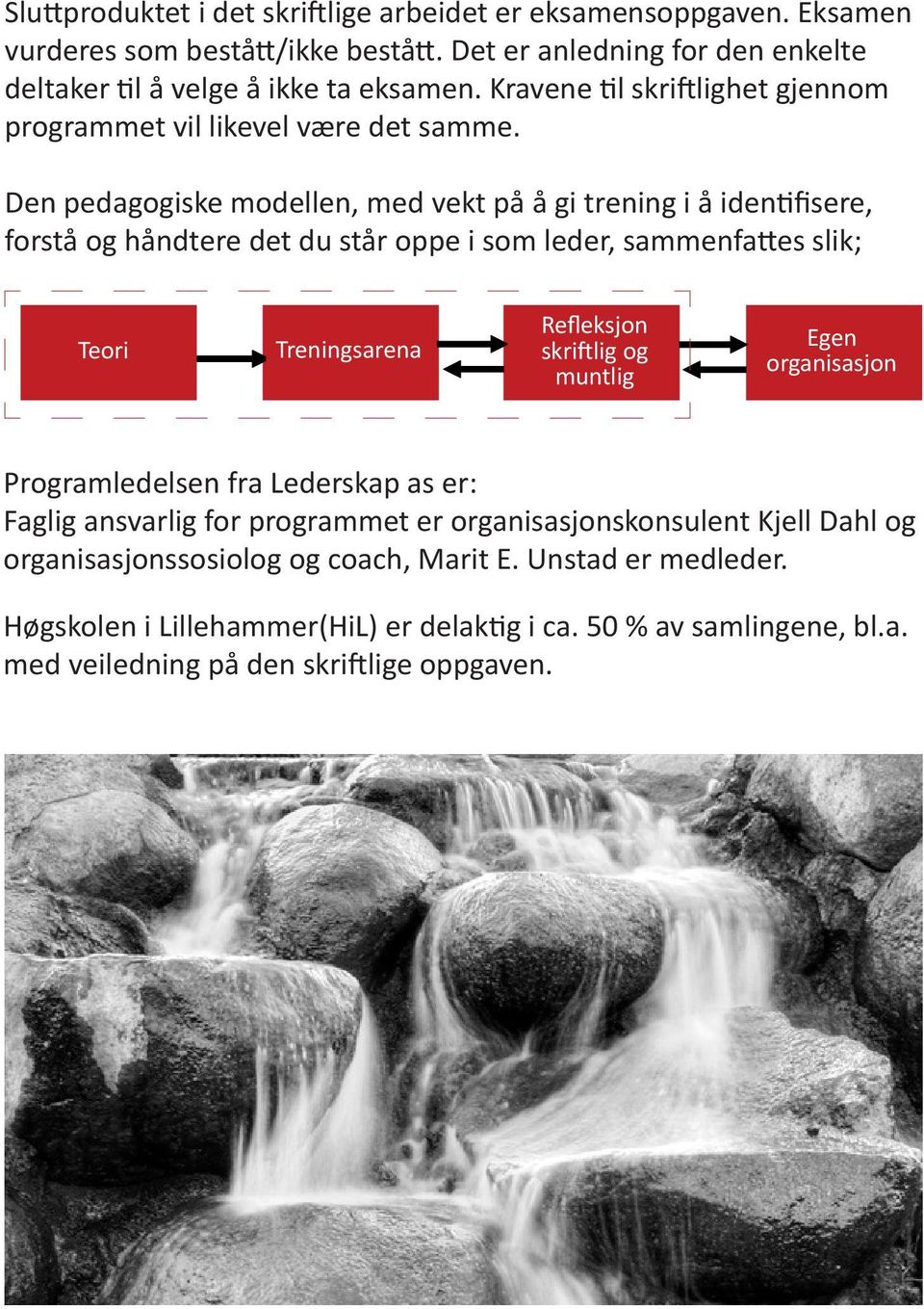 Den pedagogiske modellen, med vekt på å gi trening i å identifisere, forstå og håndtere det du står oppe i som leder, sammenfattes slik; Teori Treningsarena Refleksjon skriftlig og