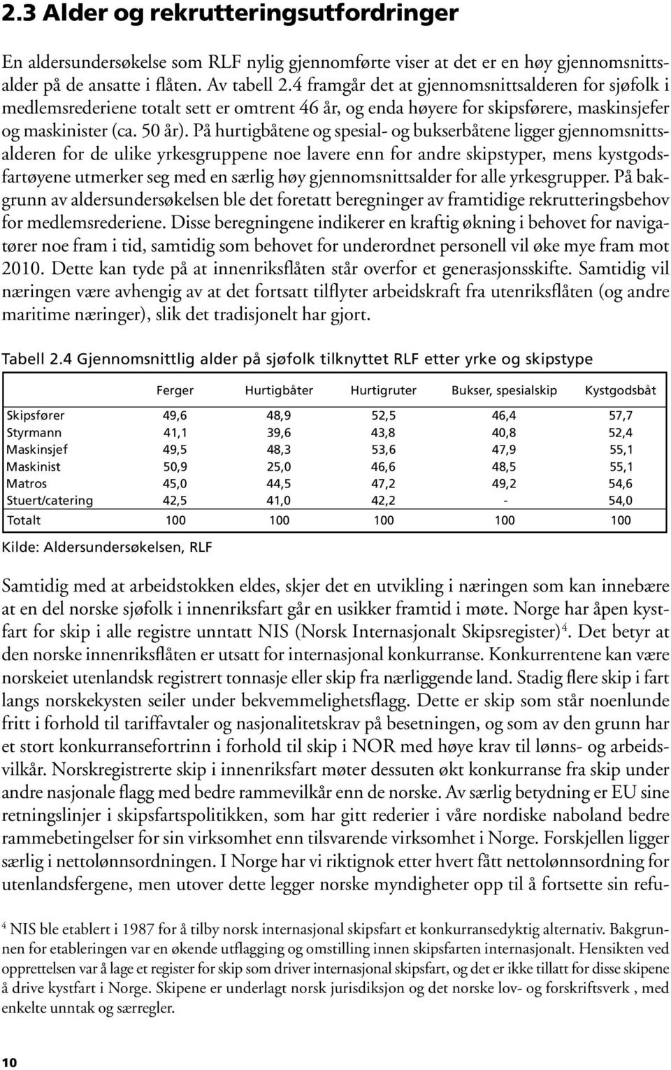 På hurtigbåtene og spesial- og bukserbåtene ligger gjennomsnittsalderen for de ulike yrkesgruppene noe lavere enn for andre skipstyper, mens kystgodsfartøyene utmerker seg med en særlig høy