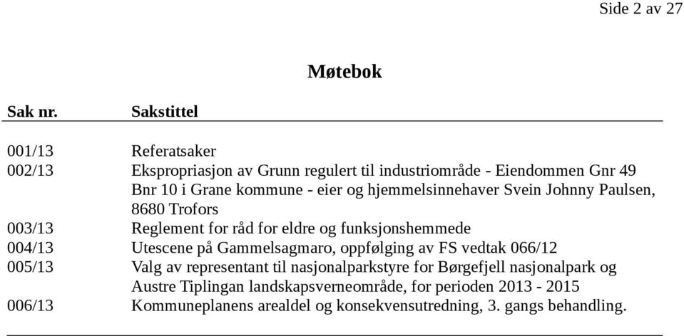 og hjemmelsinnehaver Svein Johnny Paulsen, 8680 Trofors 003/13 Reglement for råd for eldre og funksjonshemmede 004/13 Utescene på