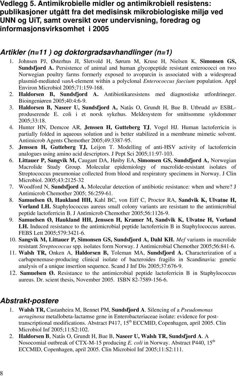 2005 Artikler (n=11 ) og doktorgradsavhandlinger (n=1) 1. Johnsen PJ, Østerhus JI, Sletvold H, Sørum M, Kruse H, Nielsen K, Simonsen GS, Sundsfjord A.