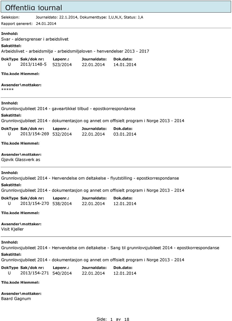 2014 Svar - aldersgrenser i arbeidslivet Arbeidslivet - arbeidsmiljø - arbeidsmiljøloven - henvendelser 2013-2017 2013/1148-5 523/2014 14.01.2014 ***** Grunnlovsjubileet 2014 - gaveartikkel tilbud - epostkorrespondanse 2013/154-269 532/2014 03.