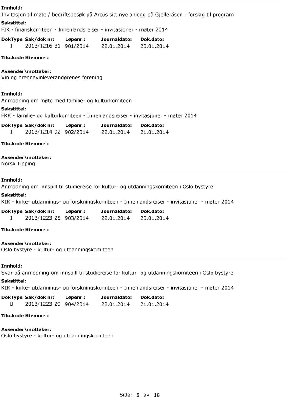 2014 2013/1214-92 902/2014 21.01.2014 Norsk Tipping Anmodning om innspill til studiereise for kultur- og utdanningskomiteen i Oslo bystyre KK - kirke- utdannings- og forskningskomiteen -