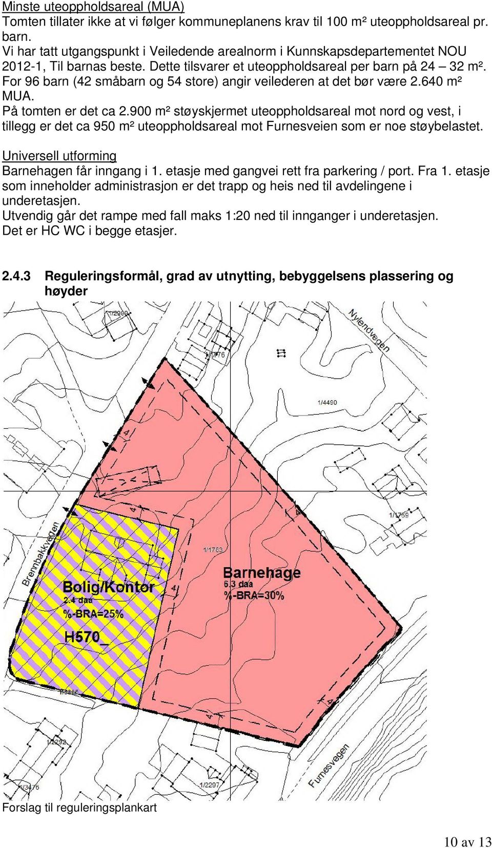 For 96 barn (42 småbarn og 54 store) angir veilederen at det bør være 2.640 m² MUA. På tomten er det ca 2.