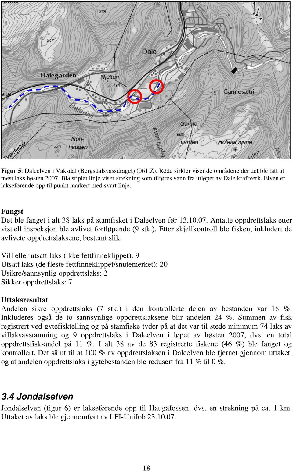 Fangst Det ble fanget i alt 38 laks på stamfisket i Daleelven før 13.10.07. Antatte oppdrettslaks etter visuell inspeksjon ble avlivet fortløpende (9 stk.).