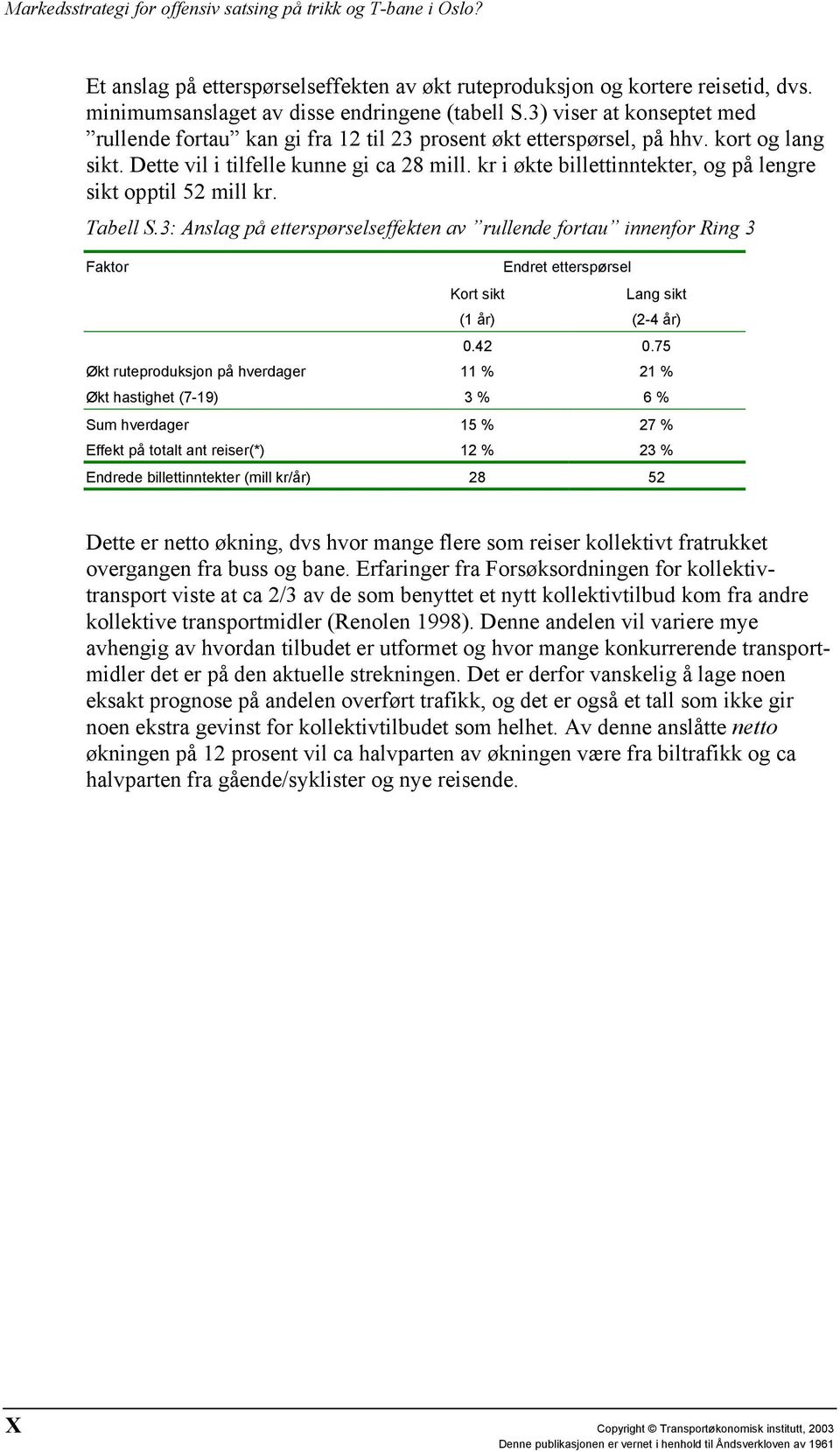 kr i økte billettinntekter, og på lengre sikt opptil 52 mill kr. Tabell S.