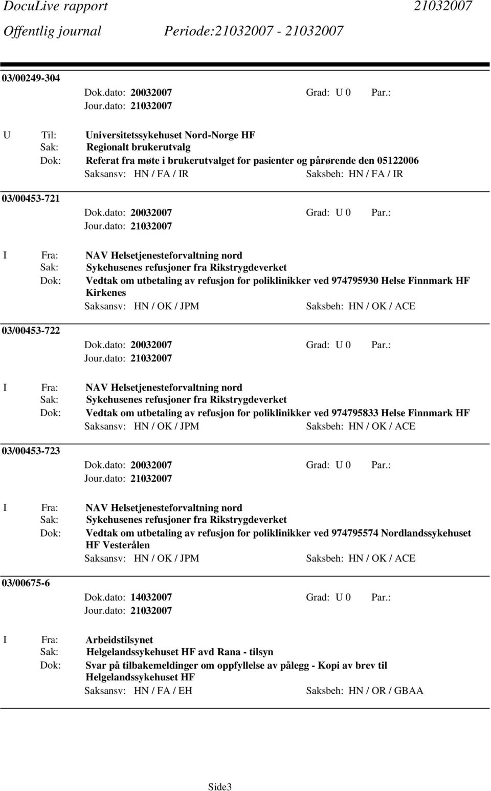 Saksansv: HN / OK / JPM Saksbeh: HN / OK / ACE 03/00453-722 NAV Helsetjenesteforvaltning nord Sak: Sykehusenes refusjoner fra Rikstrygdeverket Dok: Vedtak om utbetaling av refusjon for poliklinikker